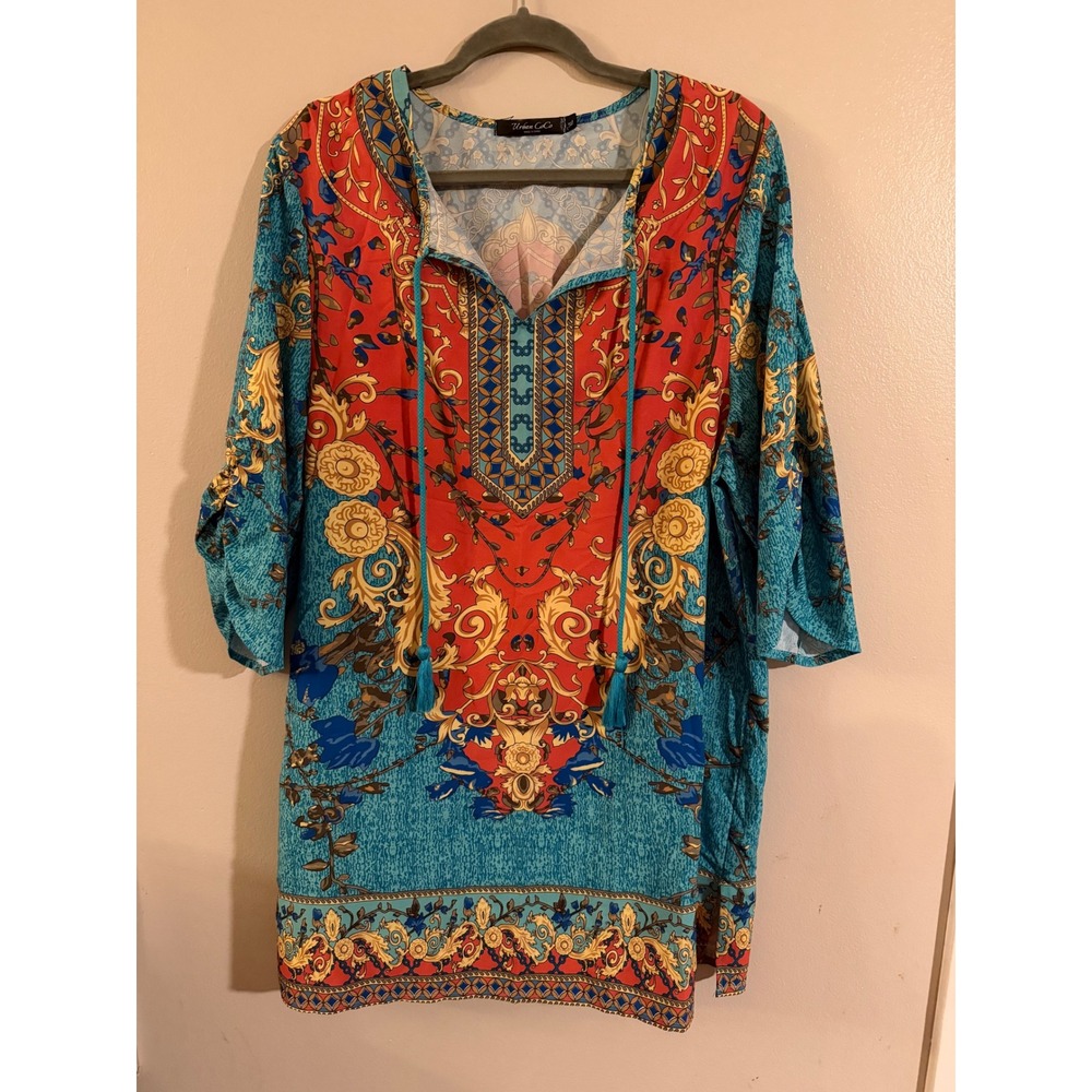 Urban Coco Women's Tunic Top Boho Baroque Print Tassel Tie Neck Turquoise‎  XL